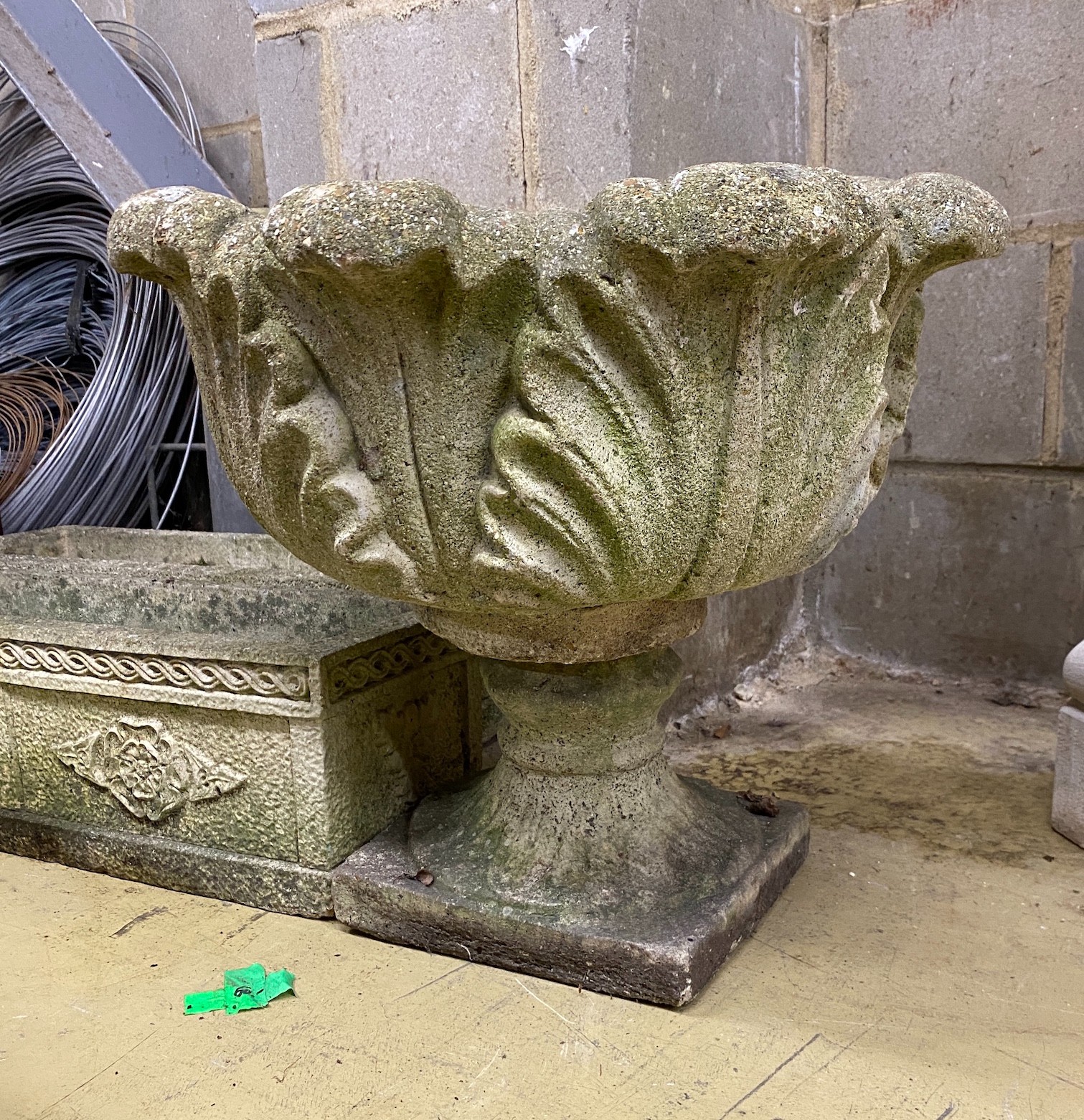 A pair of rectangular reconstituted stone garden planters, length 61cm together with a circular campana garden urn